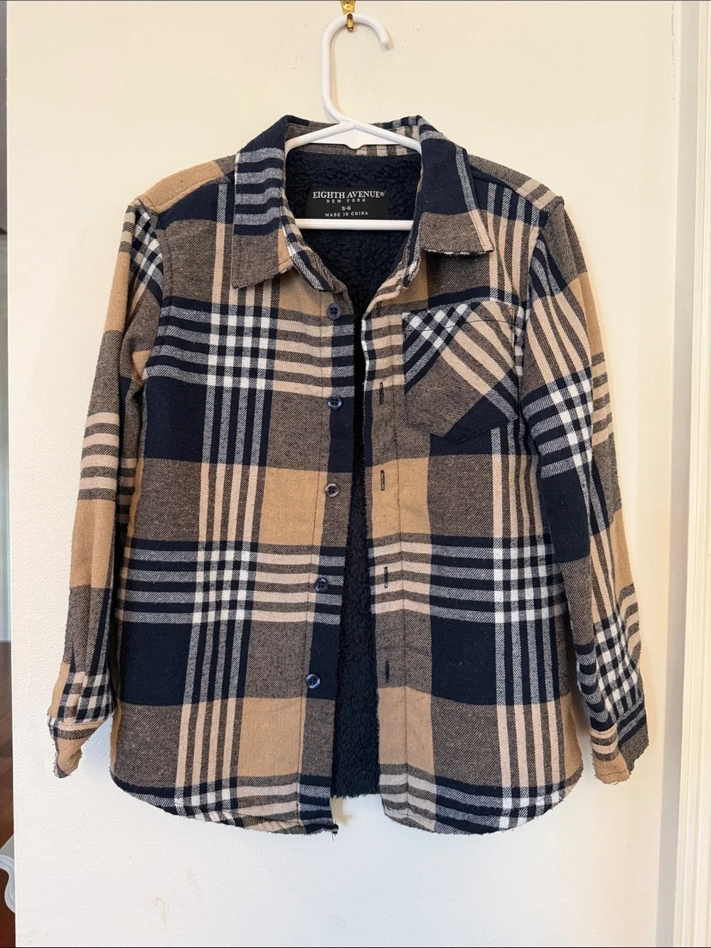 Kids Eighth Avenue Plaid Shacket in Navy & Camel - Size 5/6